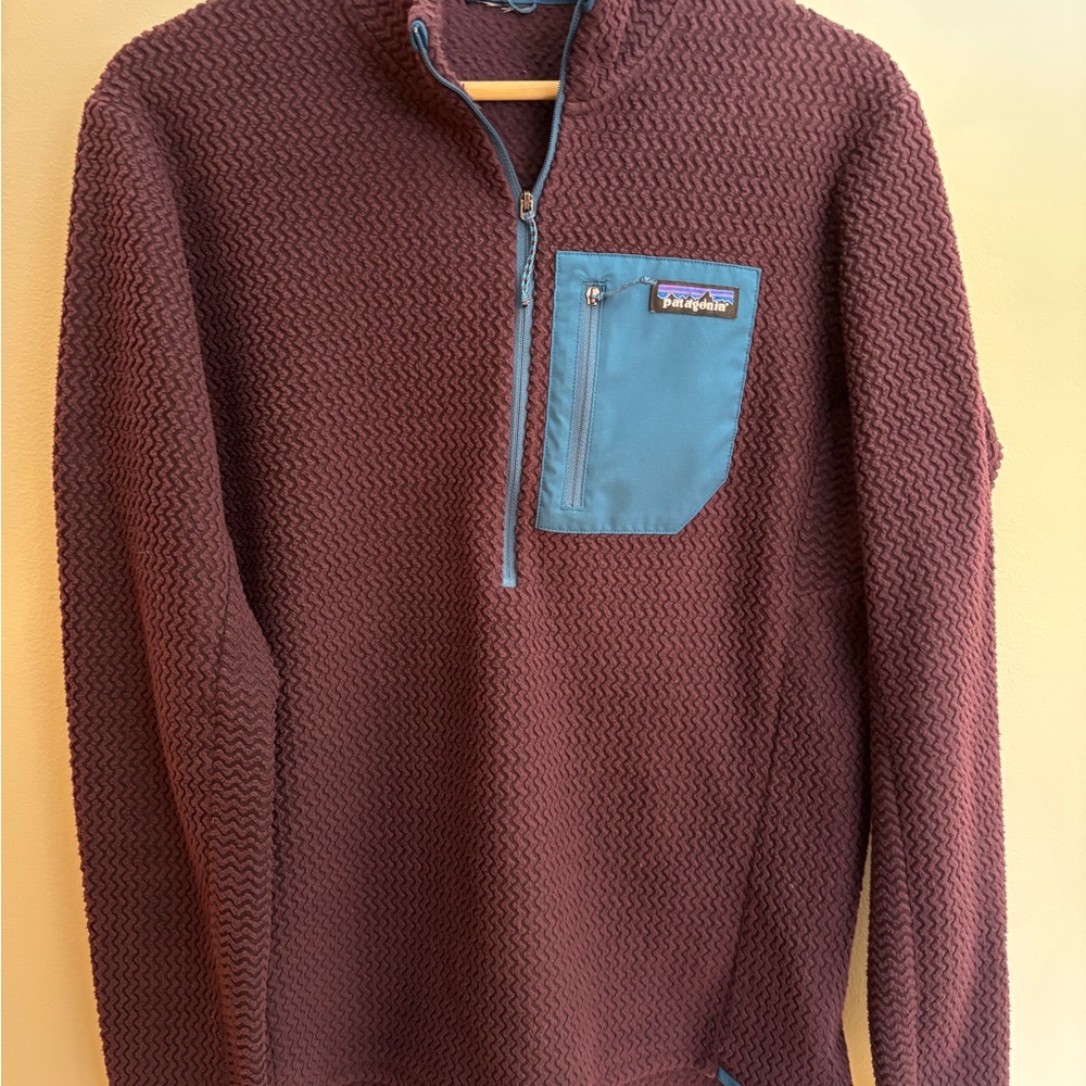 Patagonia Maroon Half-Zip Sweater with Teal Chest Pocket